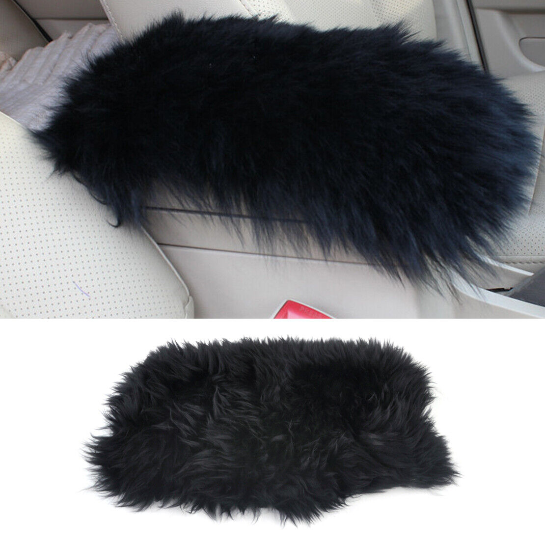Black Car Sheepskin Wool Center Console Armrest Box Cover Durable Pad Cushion Li