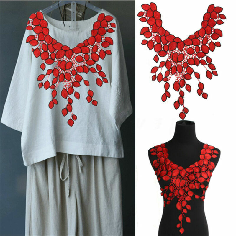 Large Red Flower Lace Embroidery Venise Neckline Motif Collar Patches Applique