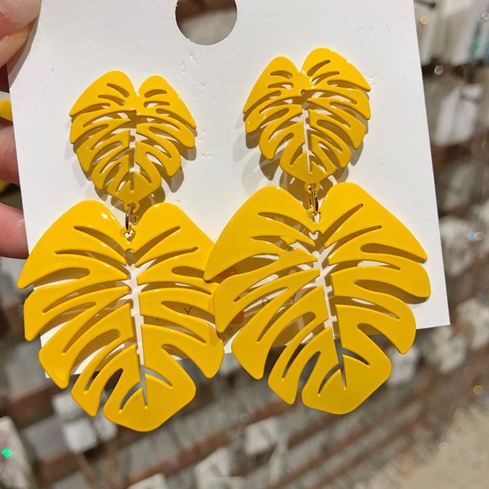 Hollowed Leaf Dangle Ear Stud Elegant Women Drop Earrings Jewelry (Yellow)