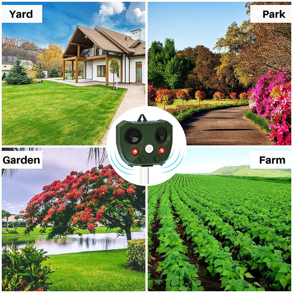 Solar Animal Repeller Ultrasonic Motion Sensor Bird Deer Raccoon Deterrent