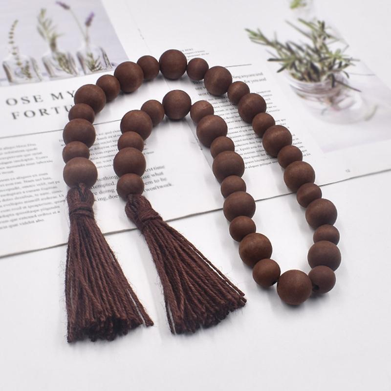 Dark Coffee Color Wood Bead Garland with Tassel Rustic Country Beads Decor