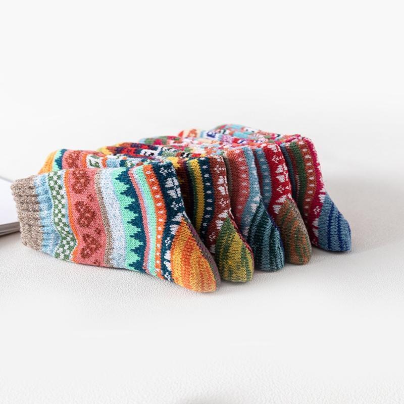 5 Pairs Women Warm Faux Wool Knit Socks Ethnic SMulticolor Heart Striped Hosiery