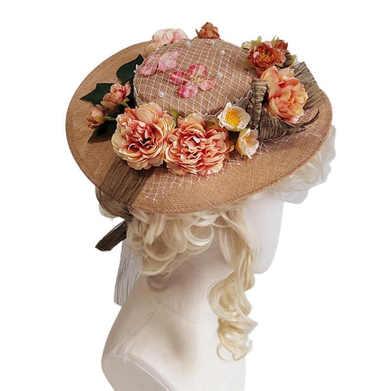 Summer Women Lolita Hat Leisure Hat Outdoor Sunscreen Sunshade Flower Flat Hat