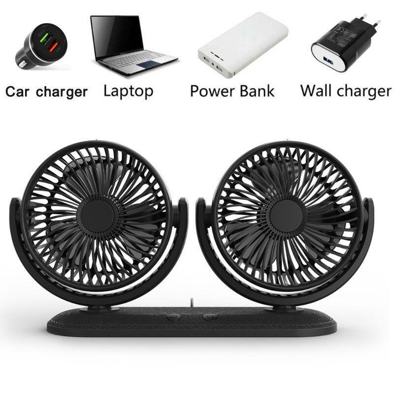 USB 5V 2A Fan 360° Rotatable Dual Head Car Fan Adjustable 3 Speeds Dashboard RV