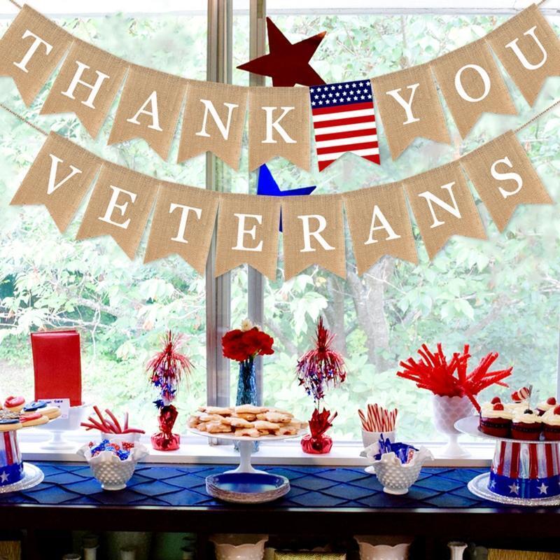 Thank You Veterans Burlap Banner Holiday Party Decoration Fireplace Decoration