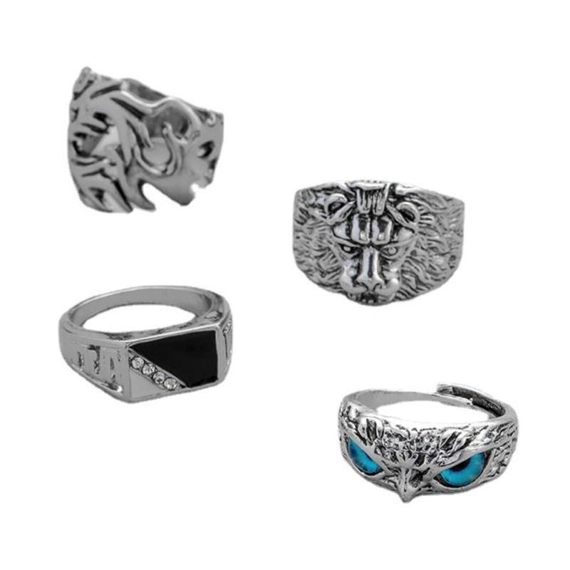4Pcs Men's Punk Rings Gifts Hip Hop Cross Owl Rings Exaggerated Street Rings