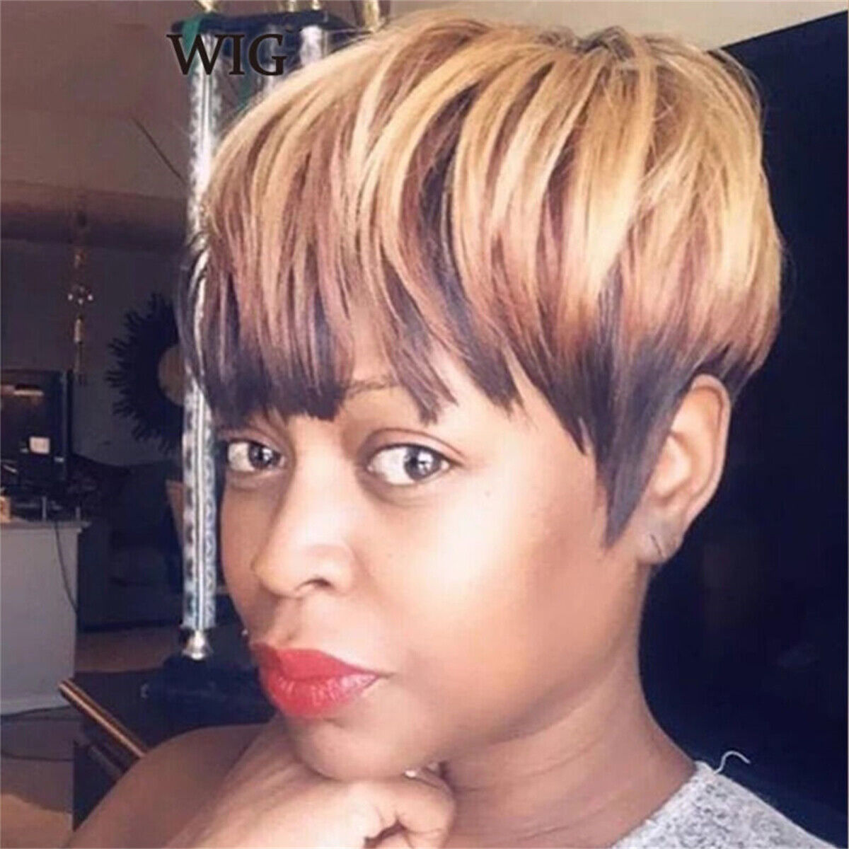 Short Honey Blonde Ombre Brazilian Human Hair Bob Wig With Bangs Pixie Cut Wigs