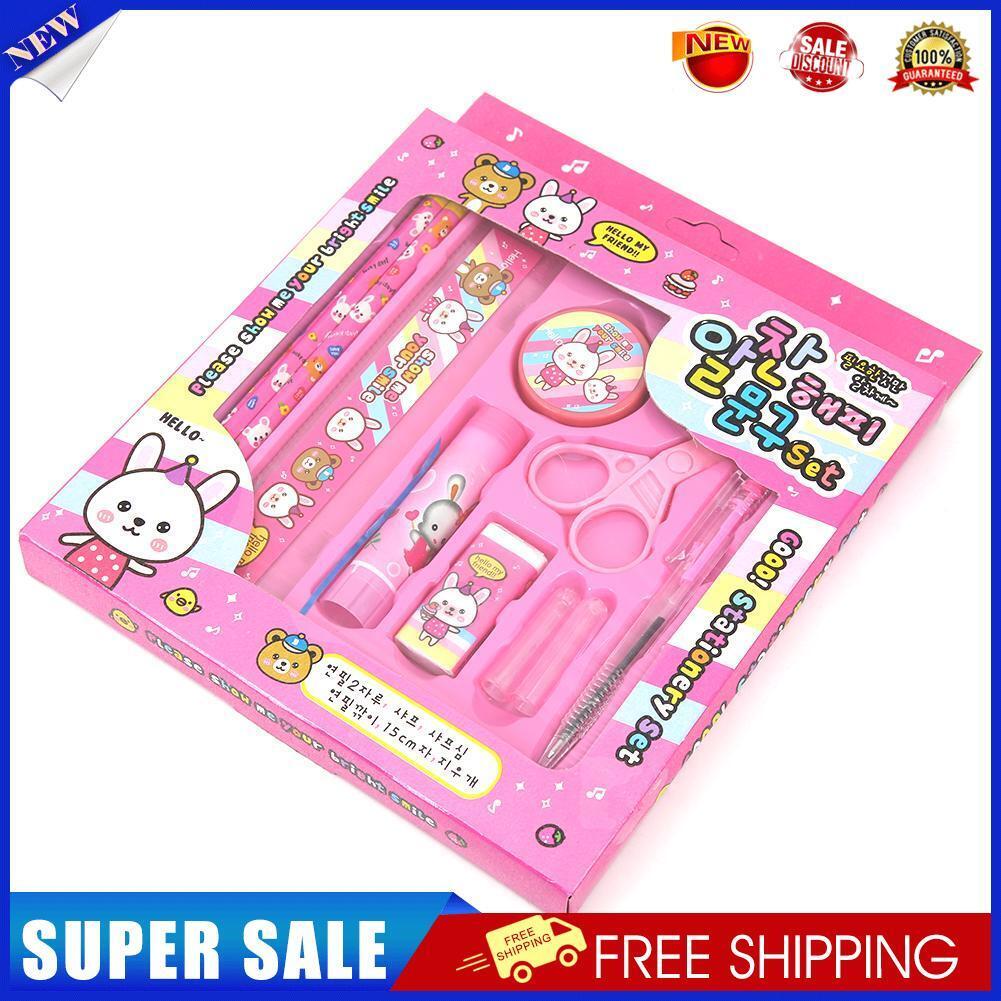 9pcs Creative Pencil Sharpener Earser Stationery Set Students Supply (Pink)