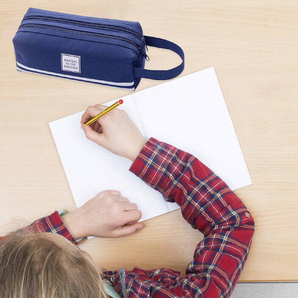 Large Capacity Pencil Case Bags Zipper Solid Stationery Box (Navy Blue)