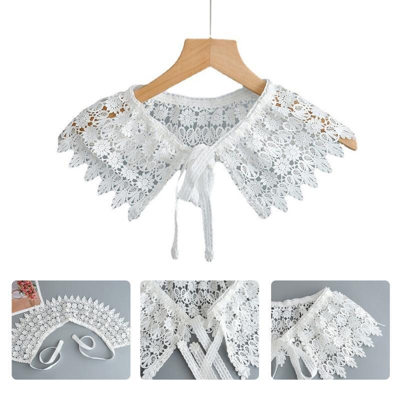 Women Pastoral White Faux Collar Shawl Embroidery Floral Lace Tassels Scarf Cape