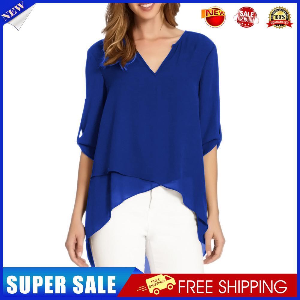 Summer Pure Women Tops 3/4 Sleeve Chiffon Irregular T-shirt (Dark Blue M)