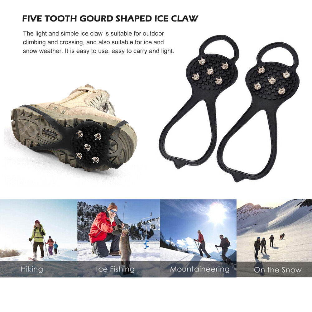 5 Spikes Ice Cleats Anti-Slip Ice Walking Hiking Grip Crampons (Black)