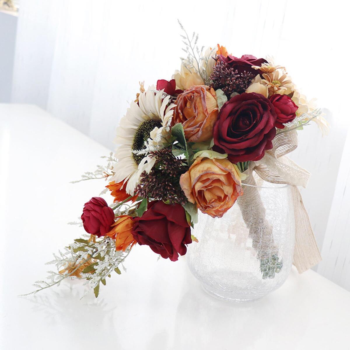 Wedding Bride Hand Bouquet Sunflowers with Ribbons for Party Church Supplies