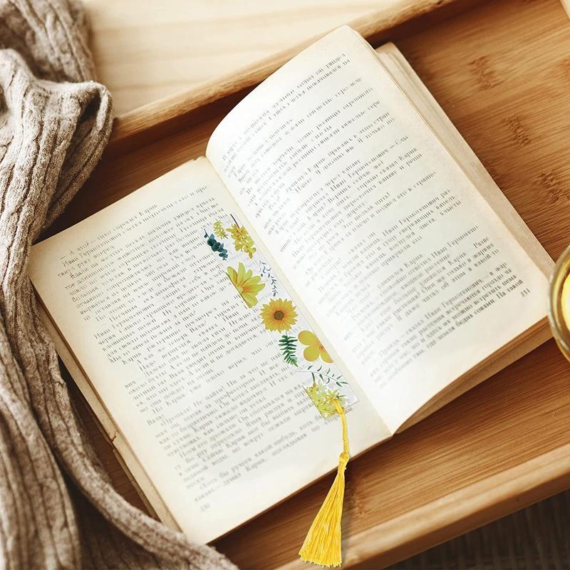 Exquisite Floral Bookmarks Clear Flower Page Marker w/ Colorful Silky Tassel 8x