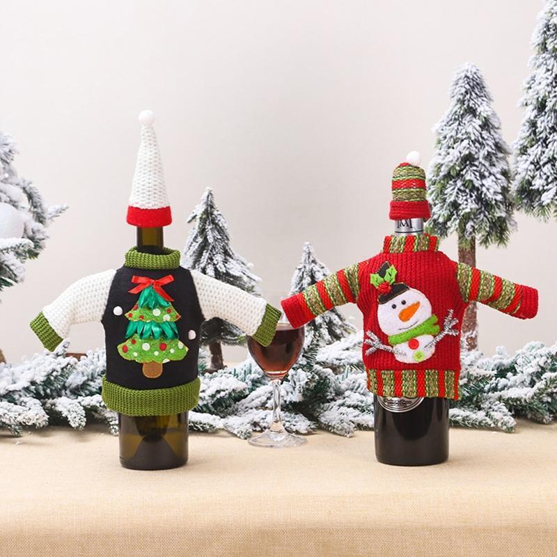 4 Sets Christmas Decorations Knitted Sweater Wine Bottle Cover Bag Hat New Year