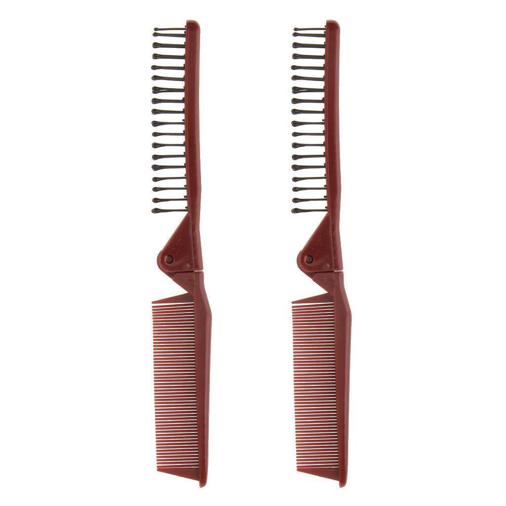 2Pcs Double Sided  Brush Pocket Folding Travel Comb Anti-static Wine Red