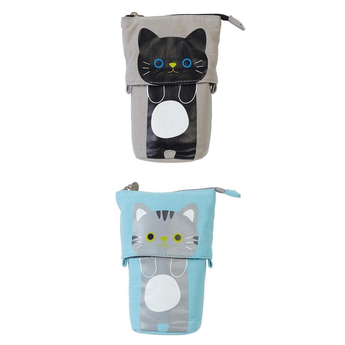 2Pcs Canvas Cat Pencil Case Pen Bag with Zipper Brush Pouch for Girls Home
