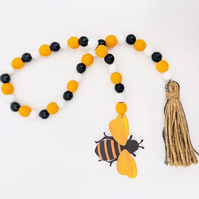 Creative Bee Wood Bead Garland Wooden Beads Tassel Chain Ornament