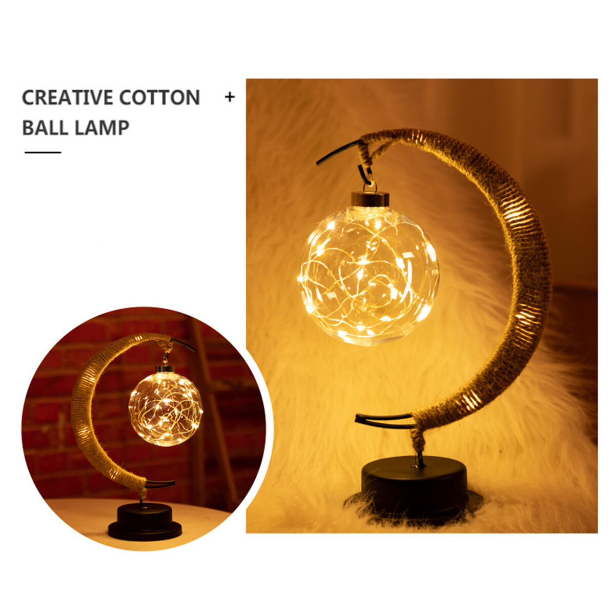 LED Moon Sepak Takraw Lamp Handmade Hemp Rope Wrought Iron Night Light Home