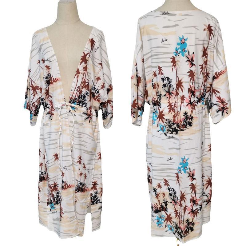 Womens Girls Beach Blouses Leaves Printed Kimono Cardigan Long Bikini Cover Up