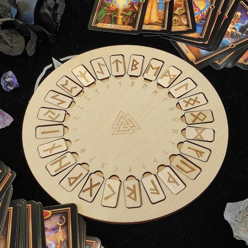 Wooden Runes Divination Engraved Board Wiccan Symbols Signs Altar Round Tile