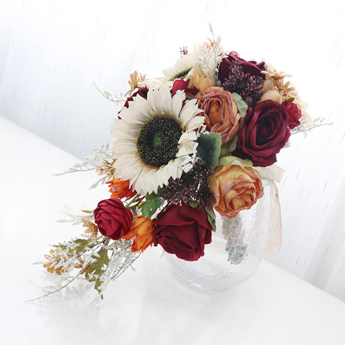 Wedding Bride Hand Bouquet Sunflowers with Ribbons for Party Church Supplies
