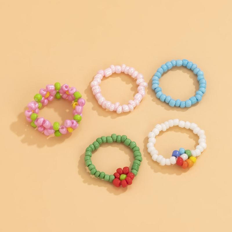 5PCS/Set Boho Beach Rings Colorful Jewelry Ring Rice Bead Ring Flower Ring Girl