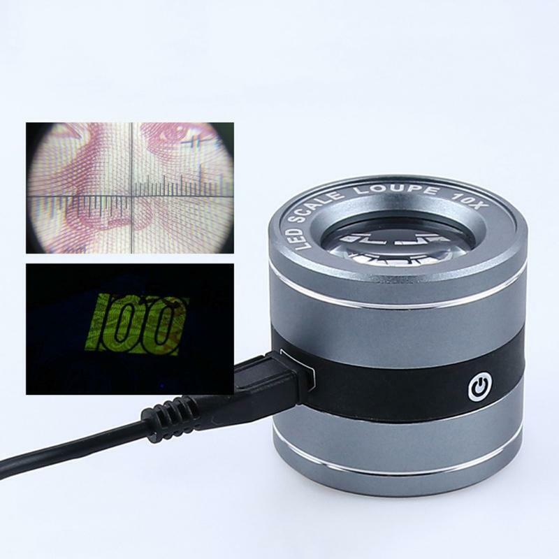 10X Metal Magnifying Glass USB Charging Lens Loupe Magnifier with Scale LED UV