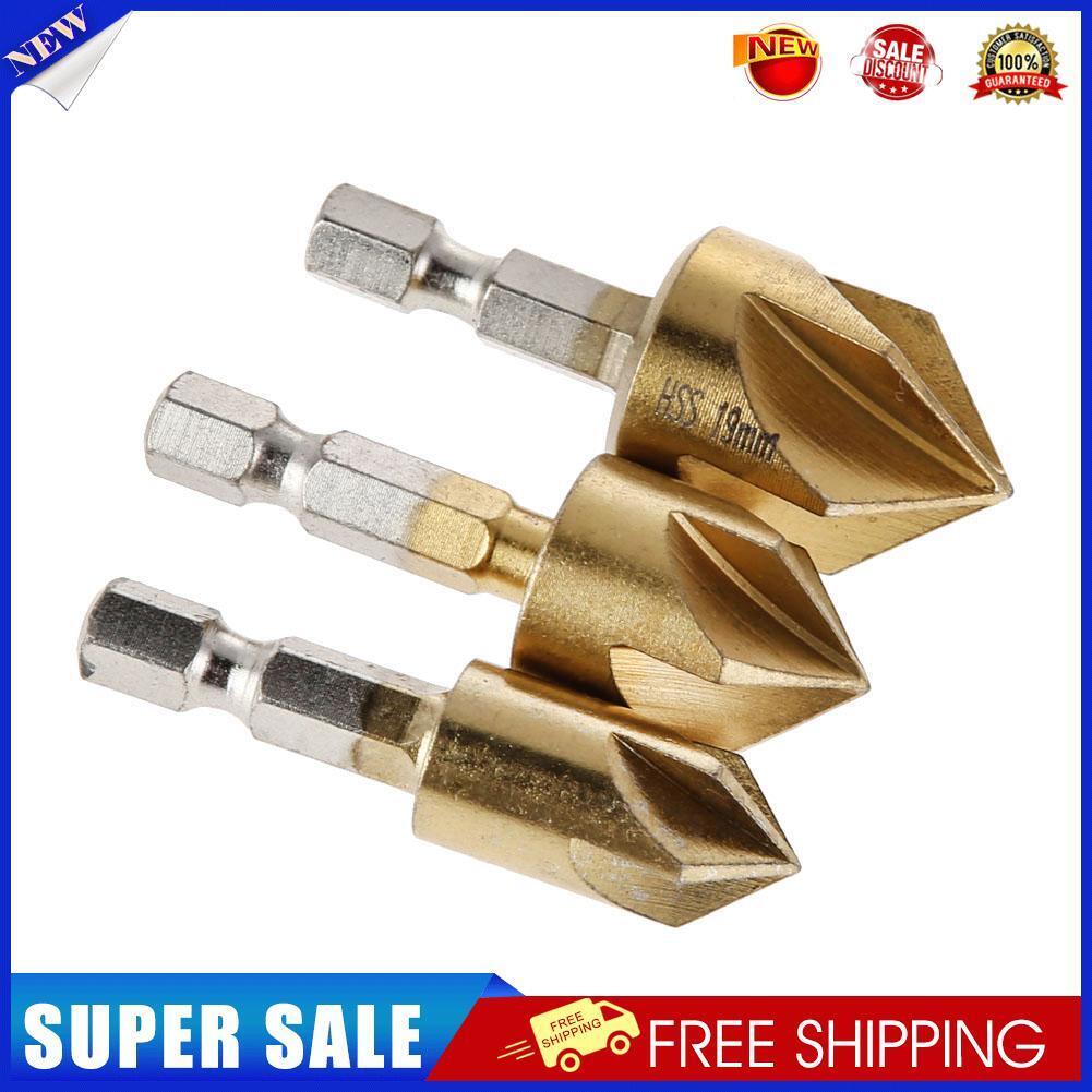3pcs 5 Flutes HSS 1/4 Inch Hex Shank Chamfer Cutter 12/16/19mm Countersink