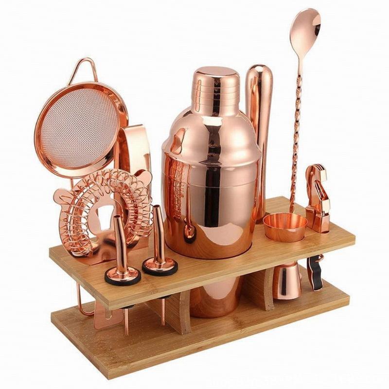Stainless Steel Cocktail Shaker Set Barware Kit With Square Wooden Rack Tool