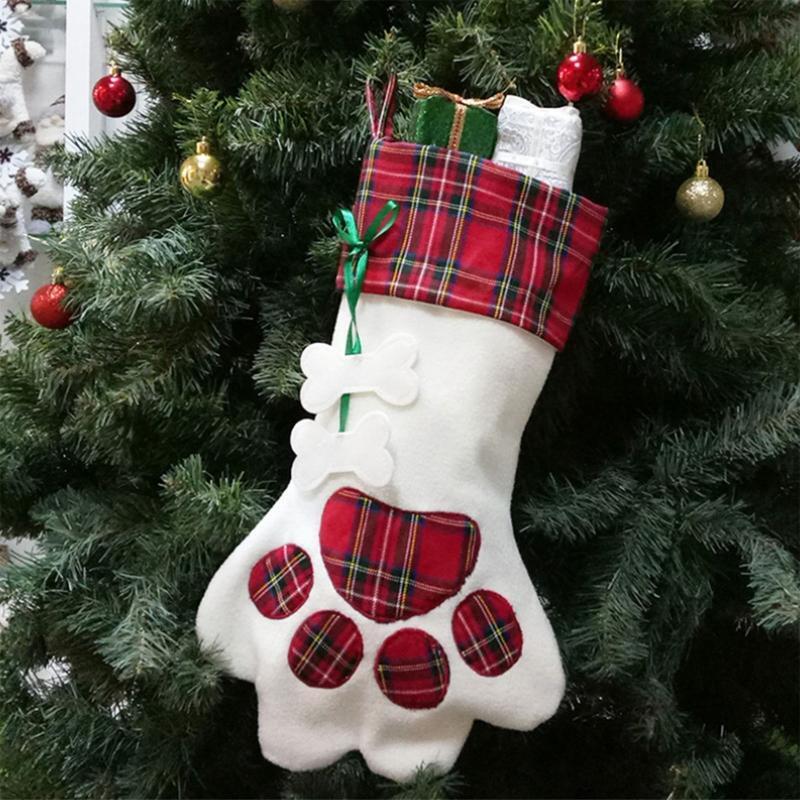 Cute Xmas Red Dog Paw Hanging Stocking for Christmas Household Dorm Ornament