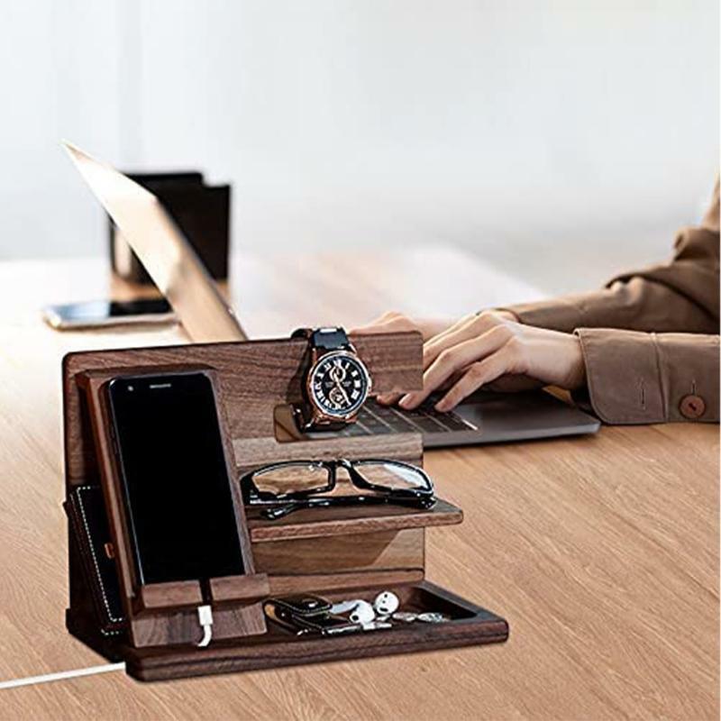 Wooden Phone Docking Station Wallet Stand Watches Purse Holder Desk Organizer