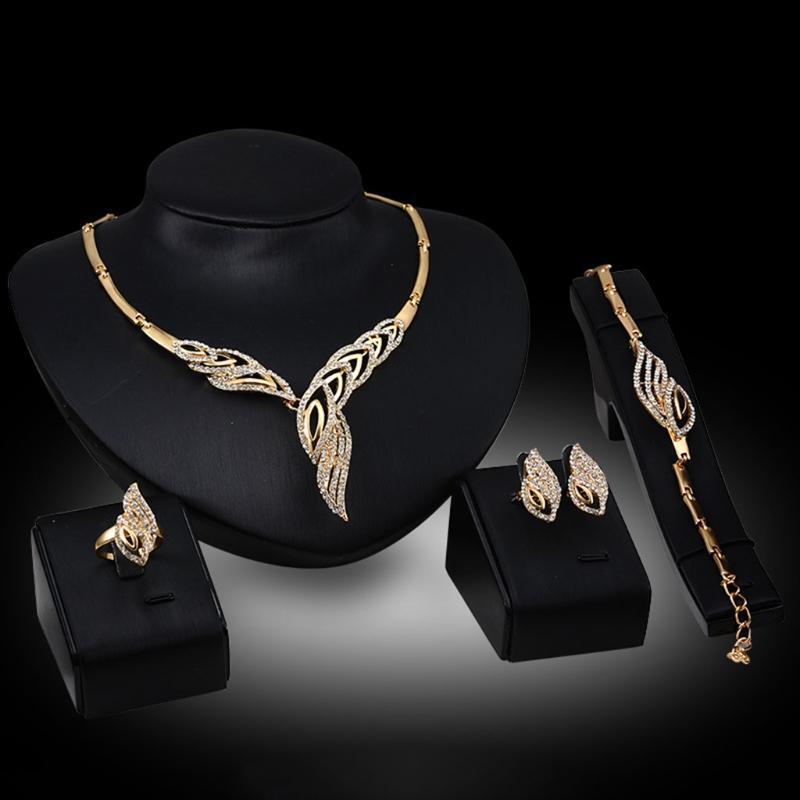 Women Jewelry Set Rhinestone Decor Necklace Ring Bracelet Earrings Party Dress