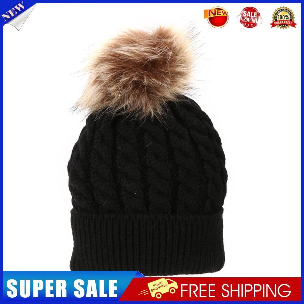 Mom Baby Kid Warm Raccoon Fur Bobble Beanie Cotton Knitted Parent-Child Hat