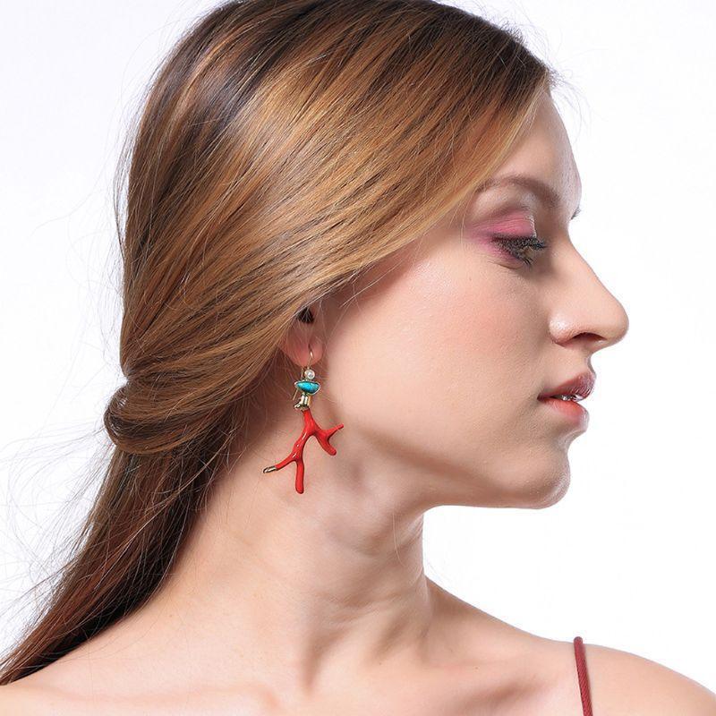 Fashion Coral Antlers Dangle Earrings Red Enamel Drop Earrings Gifts for Girls