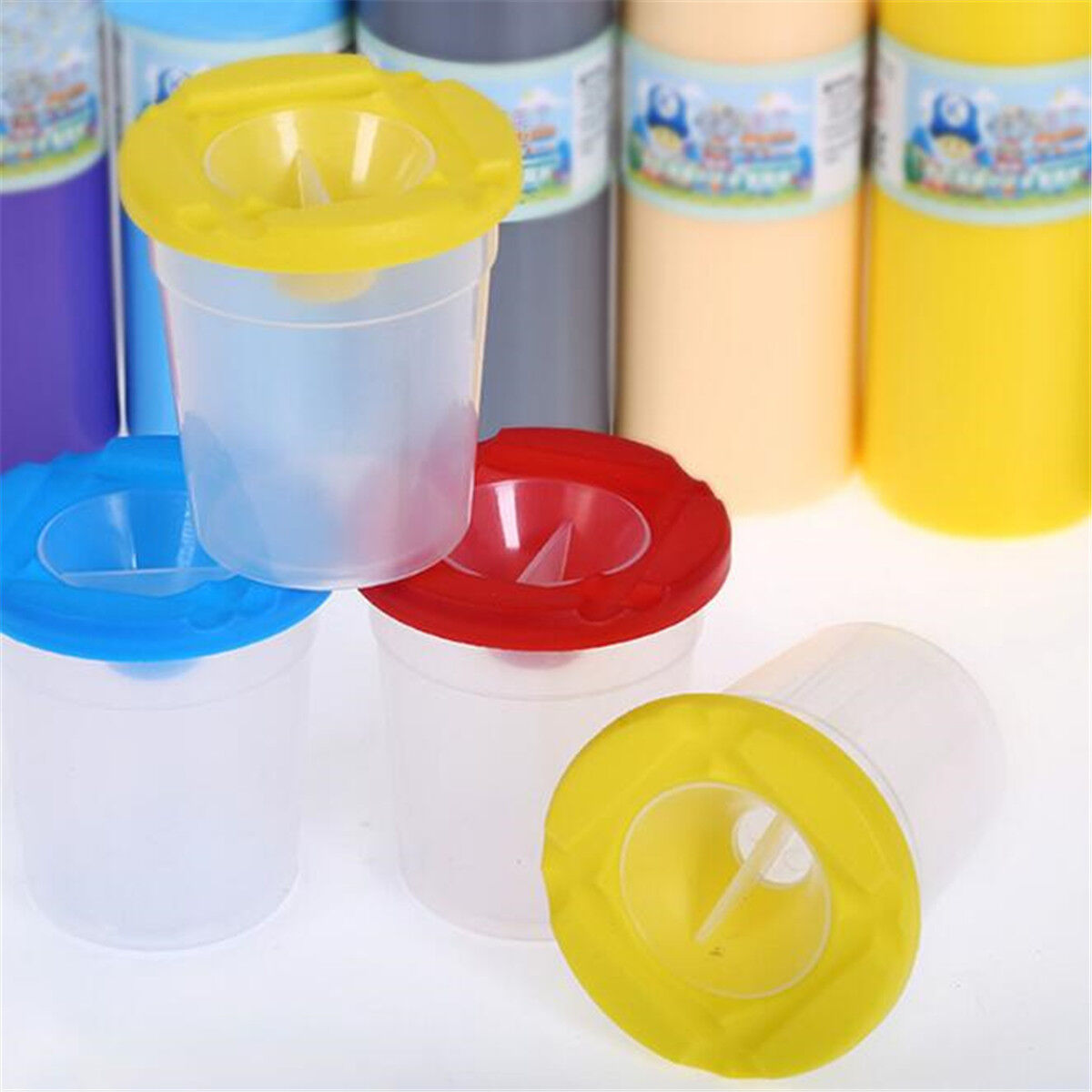 Non Spill Water Pots Lid & Stoppers Plastic Artist Paint Brush Holder & Cleaner