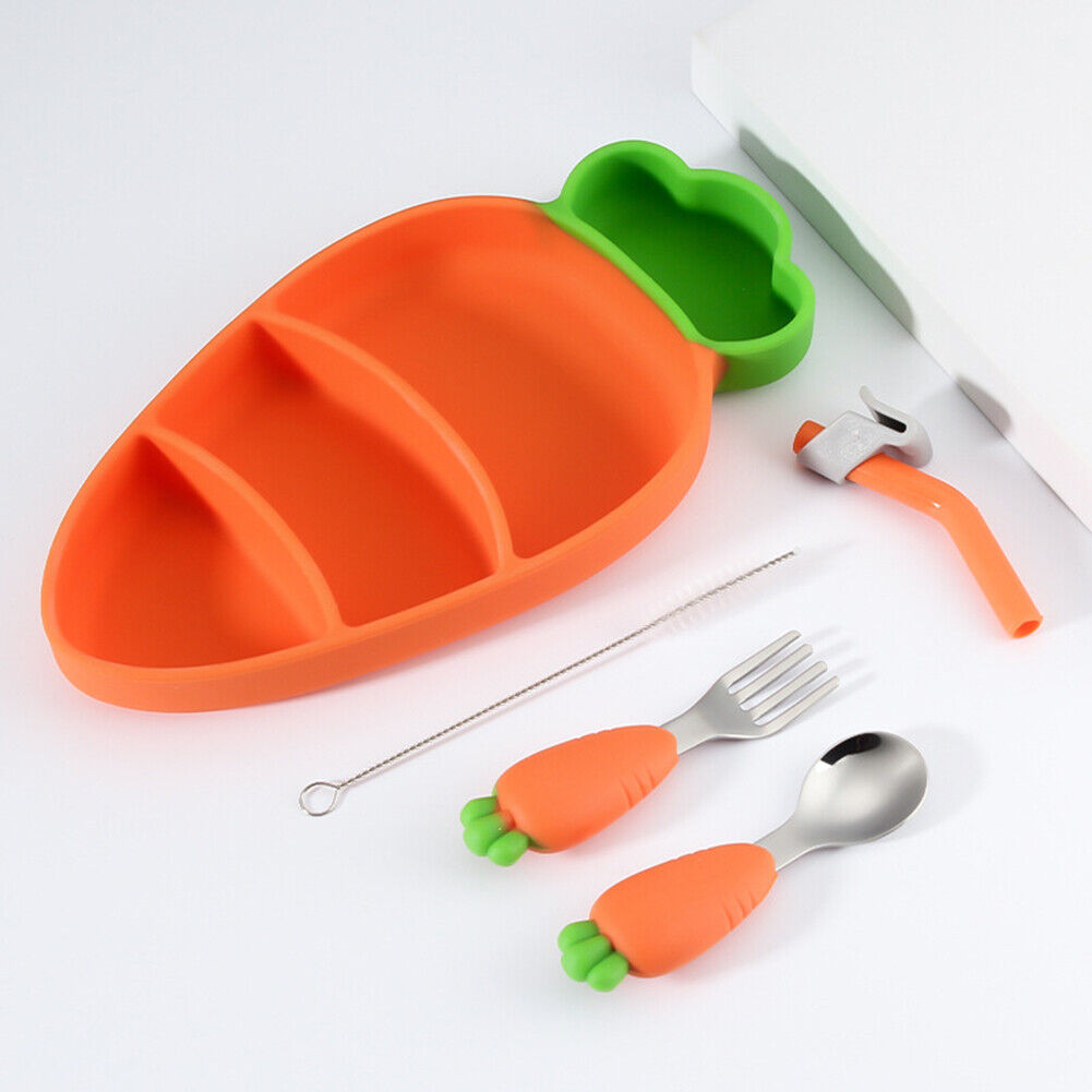 Stainless Steel Silicone Carrot Cutlery Feeding Plate Training Spoon Set