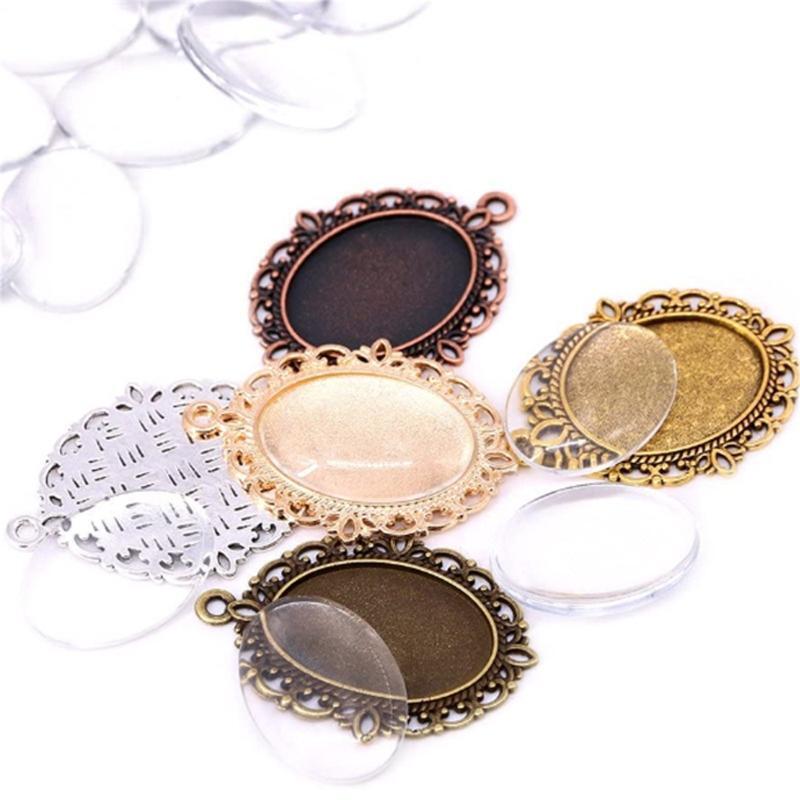 60 Pcs Pendant Trays Kit Metal Flat Pendant Blank Trays Bezel Oval Cabochon Base