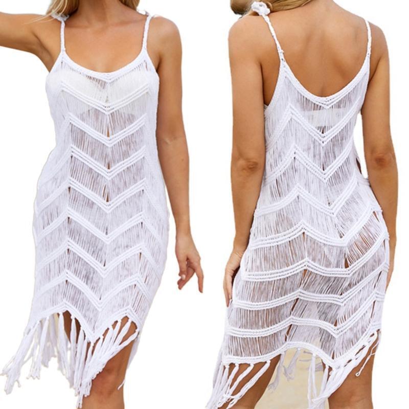 Hollow Out Tassel Swimsuit White Bathing Suit Beach Dress for Girl Lover Friend