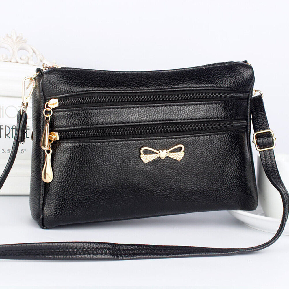 Solid Leather Crossbody Bag Women Litchi Pattern Multi-layer Purse (Black)