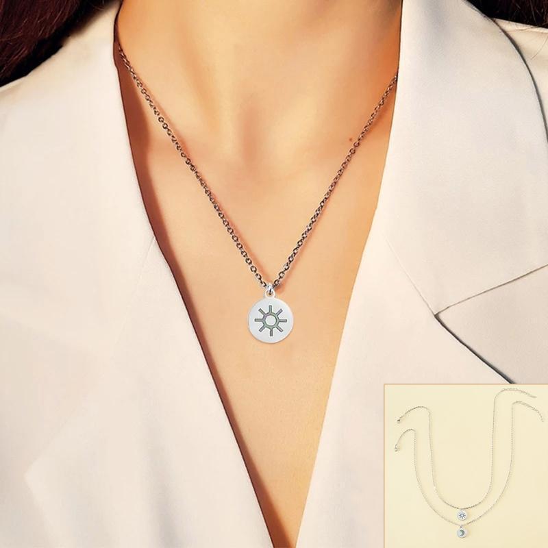 2Pcs Creative Sun Moon Pendant Card Necklace Stainless Steel Women Necklace