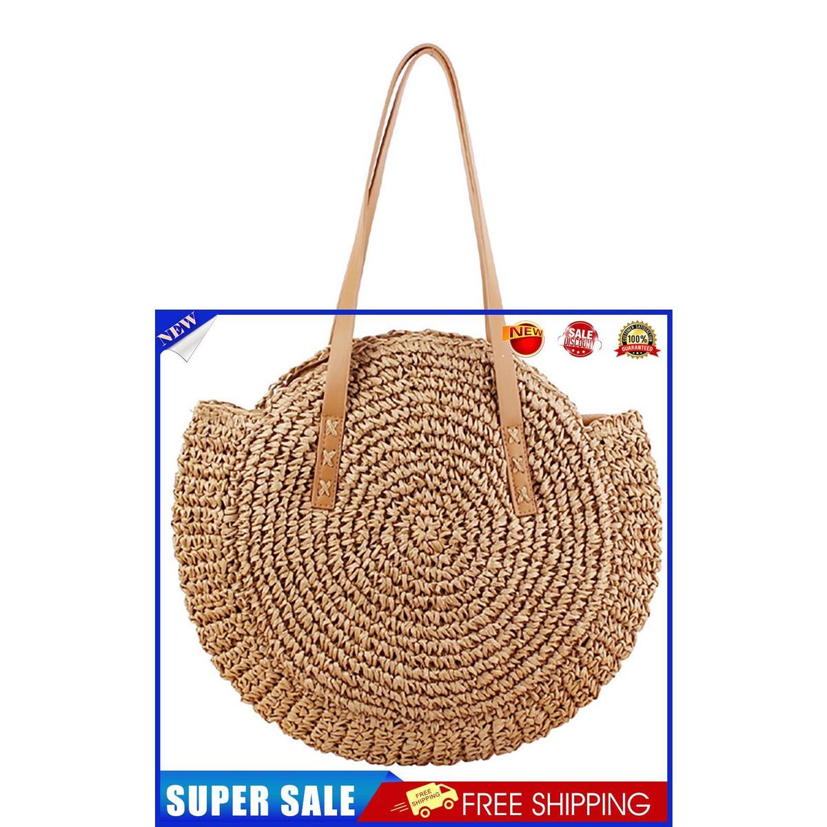Straw Crossbody Bag Women Weave Shoulder Bag Round Bali Handbags (Camel S)