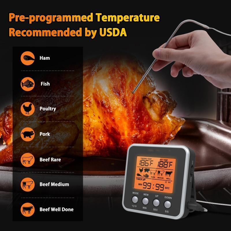 Cooking Food Candy Thermometer Timer with Stainless Steel Probe Backlight