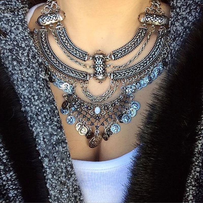 Fashion Bib Bohemian Statement Coin Necklace and Earrings Punk Ethnic Style