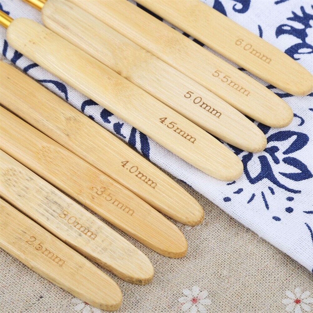 8pcs Bamboo Handle Crochet Hooks Practical Bag Knitting Yarn DIY Sewing Needles
