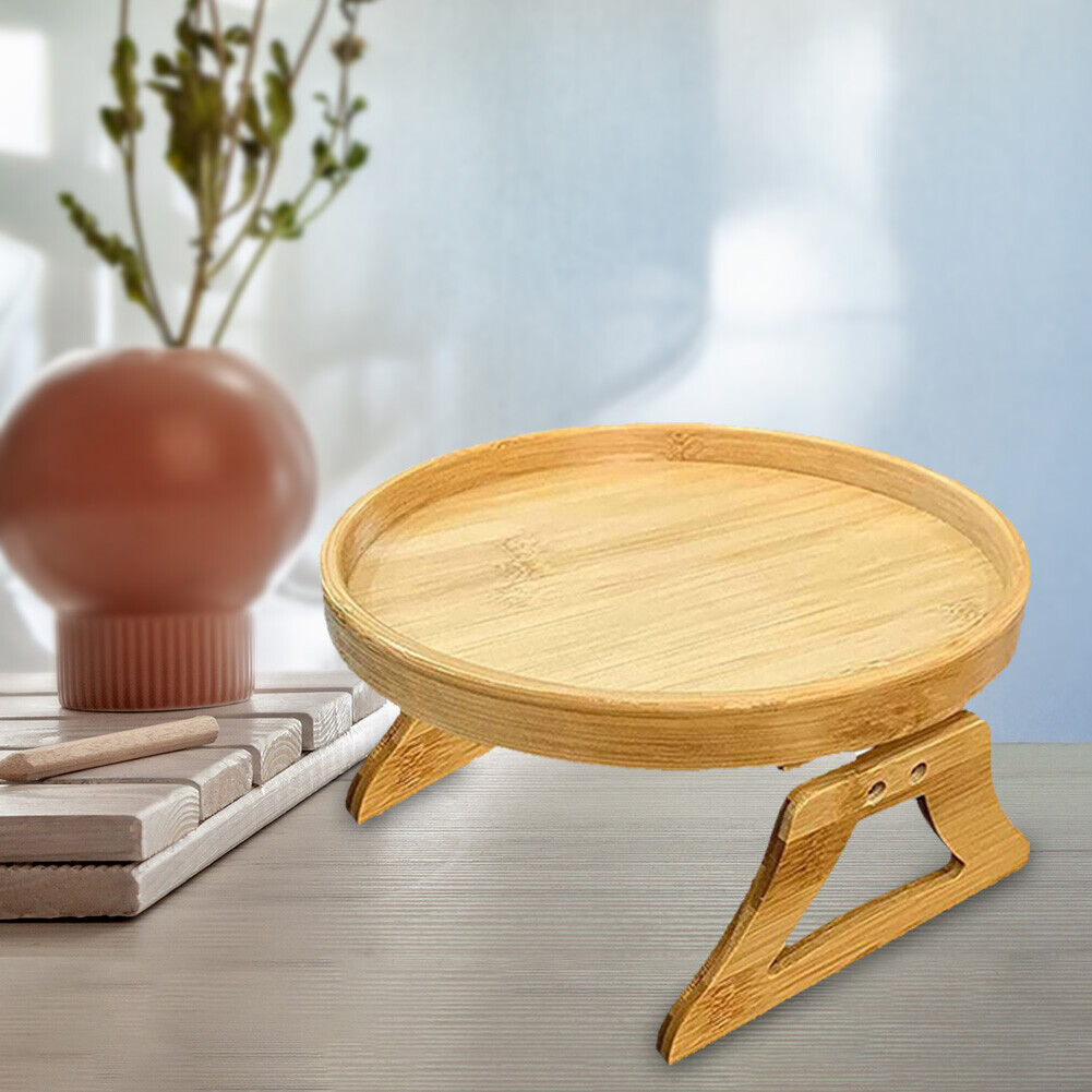 Round Bamboo Wood Tray Foldable Portable Sofa Armrest Breakfast Tea Table
