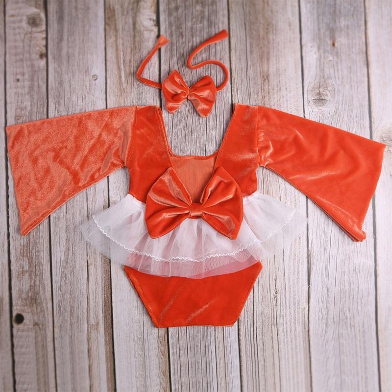 Newborn Baby Photography Clothes Soft Lace Neckline Velvet Romper Bow Hair Tie