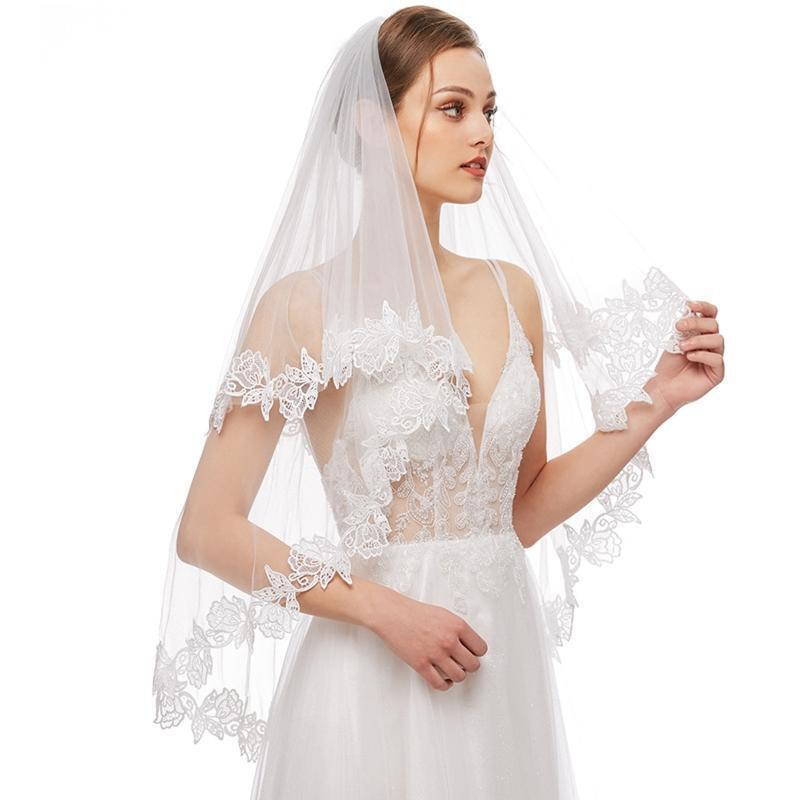 Wedding Veil with Comb 2-Layer Elbow Lace Trims Appliques Tulle Hair Accessories
