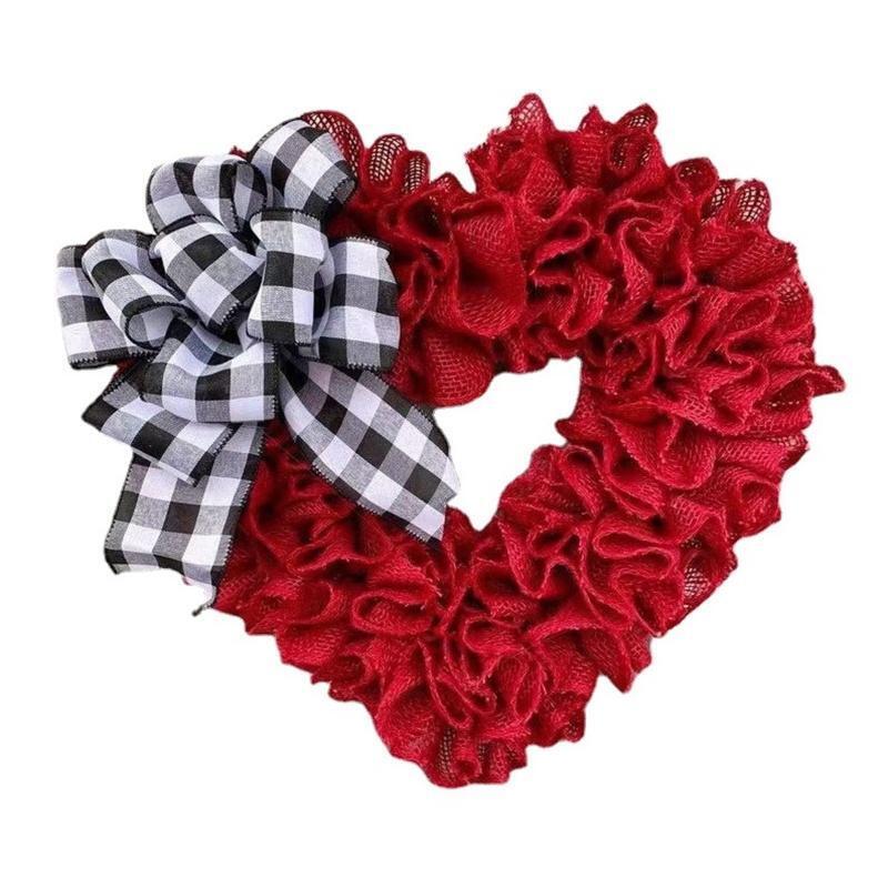 Valentine's Day Red Heart Wreath Black White Plaid Bowknot Hanging Garland