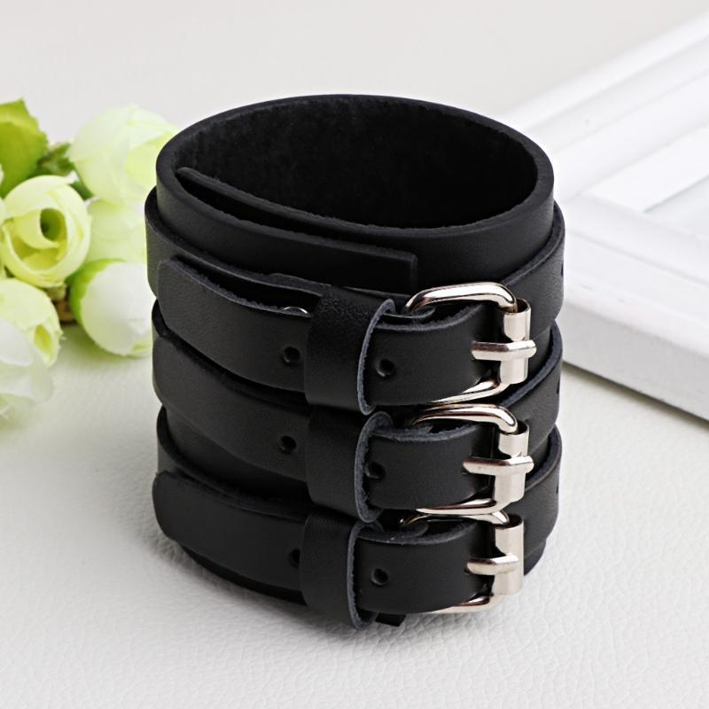 260x60mm 3 Strand Triple Strap Faux Leather Cuff Wrap Wtistband Bracelet Punk